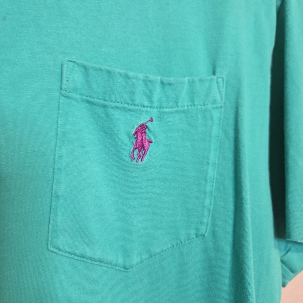 Polo Ralph Lauren Pocket T-Shirt Mens Medium Teal Blue‎ Pink Pony Cotton Short